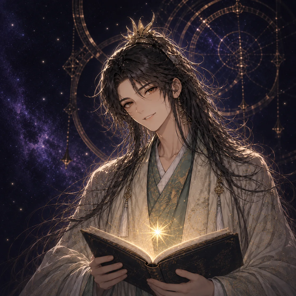 启手持发光书卷站在星象仪旁的形象