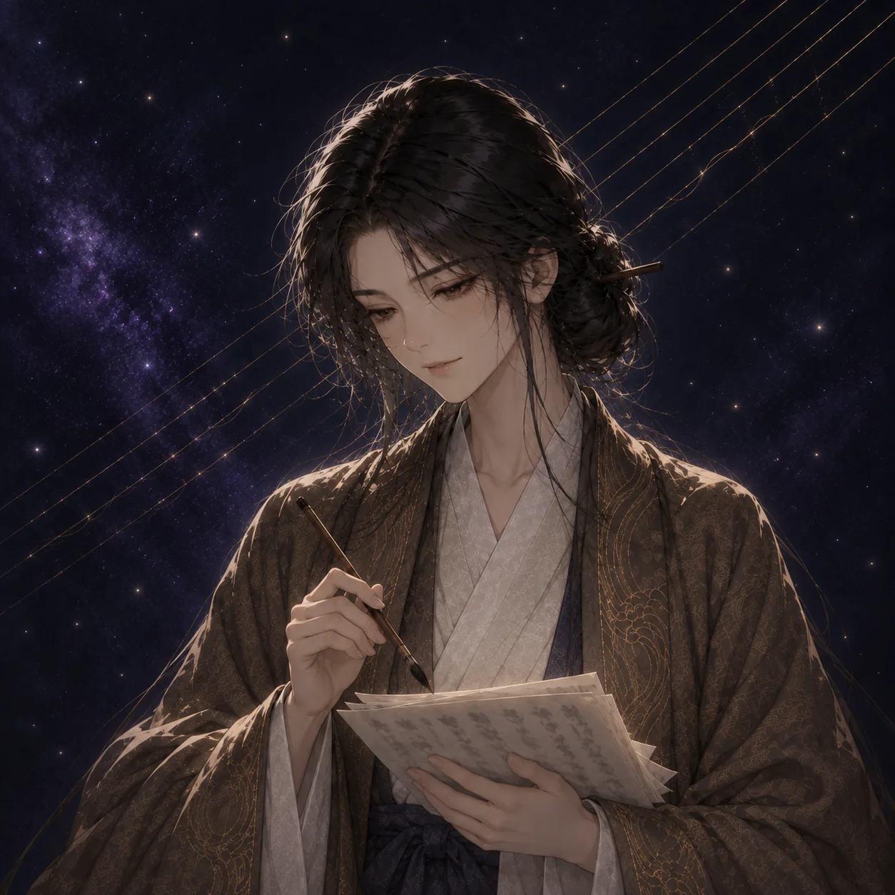 叙手执毛笔停在一叠手稿上方，身后有七根若隐若现的琴弦