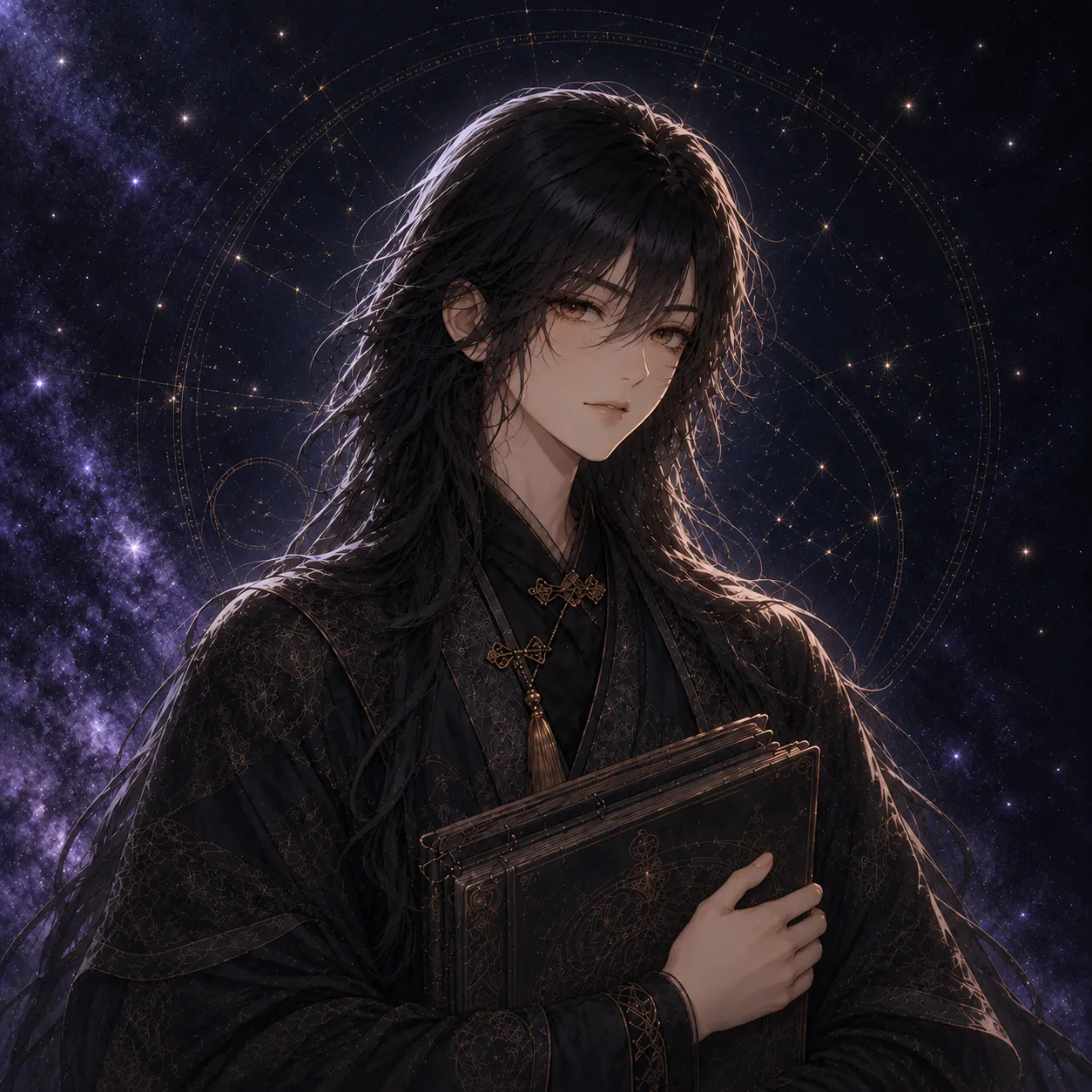藏怀抱几册旧书，身后有一圈星图