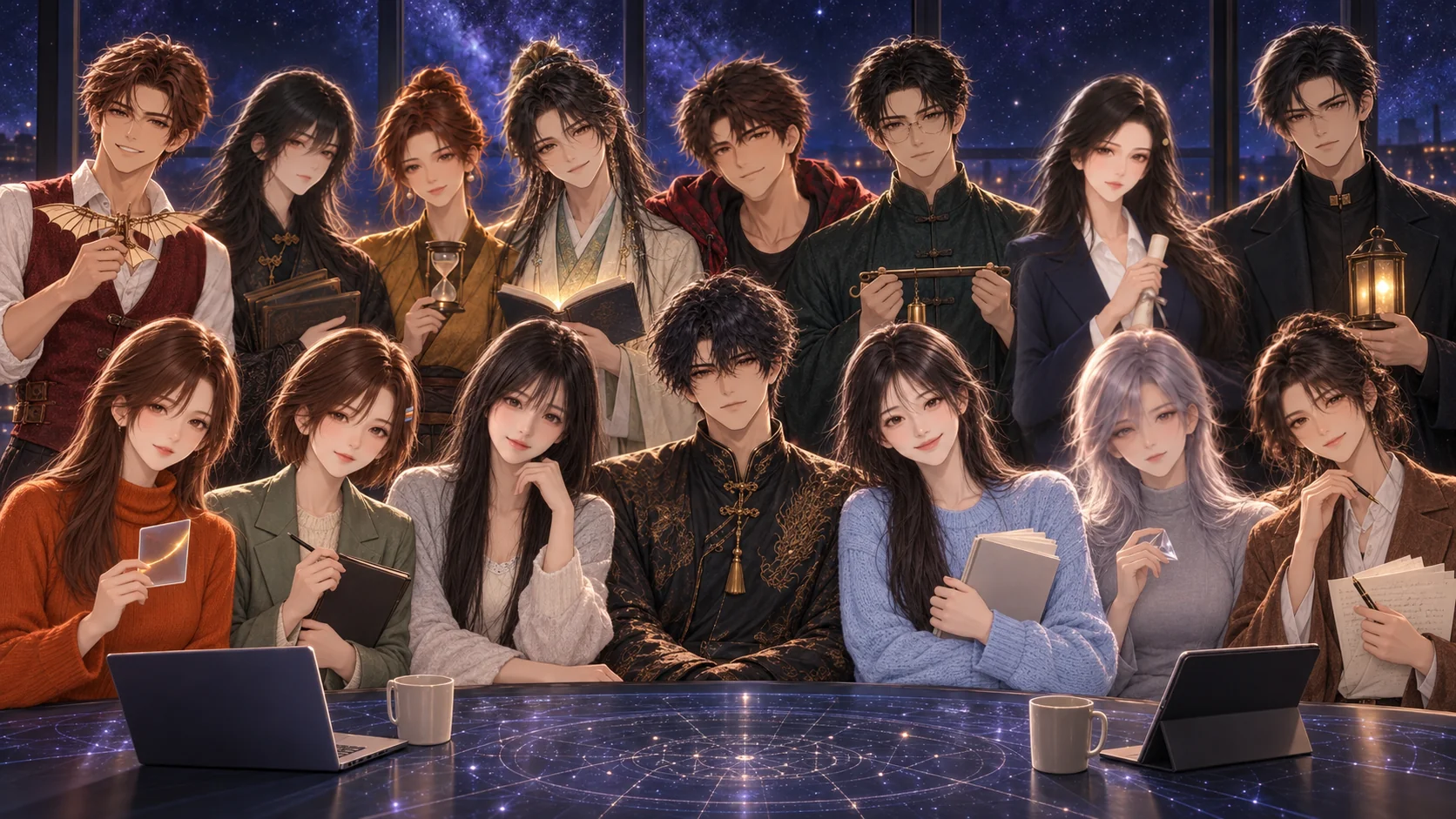 全家福：十五人围坐星桌，Maple 居中，燧站在他身后；后排从左到右是达、藏、斡、启、燧、衡、昭、阑，前排从左到右是熙、臻、伊、Maple、曦、澄、叙；窗外紫垣星空与城市灯火，桌面是发光的星图