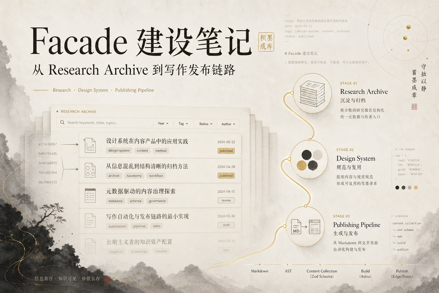Facade 建设笔记：从 Research Archive 到写作发布链路 · 封面